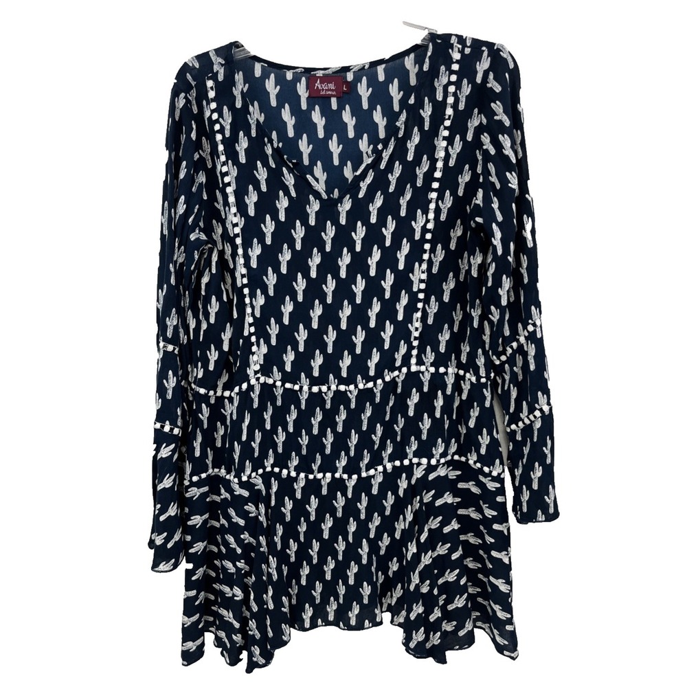 Avani Del Amour Women's Top Size L Blue White Cactus Embroidered V-Neck